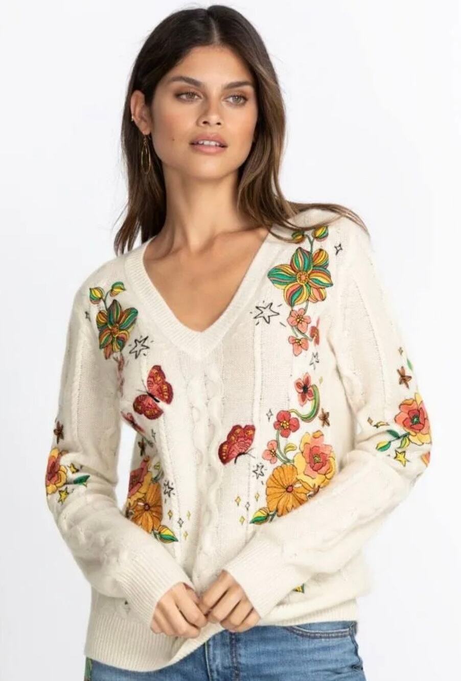 Johnny Was Wonder Years Cable Knit Embroidered Sweater Wool Cashmere Small